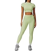 Women’s 2 Piece Workout Set – Short Sleeve Crop Top & High Waist Leggings – Athletic Yoga Outfit Activewear