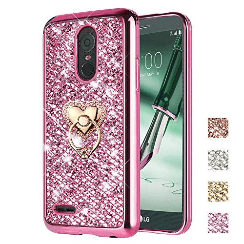 LG Stylo 3 Case, LG Stylo 3 Plus Case, ZHFLY Bling Glitter Sparkle Jelly Soft Silicone TPU Bumper Frame Stand Case With Metal Ring Holder Back Cover for LG Stylo 3 / Stylo 3 Plus, Pink