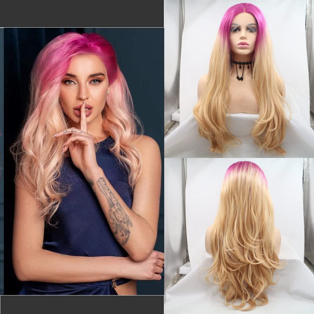 Ombre Strawberry Blonde Synthetic Lace Front Wigs for Women Rock Rose Red Ombre Golden Blonde Heat Resistant Fiber Lace Wigs Daily Wear Cosplay Drag Queen Wig 24"