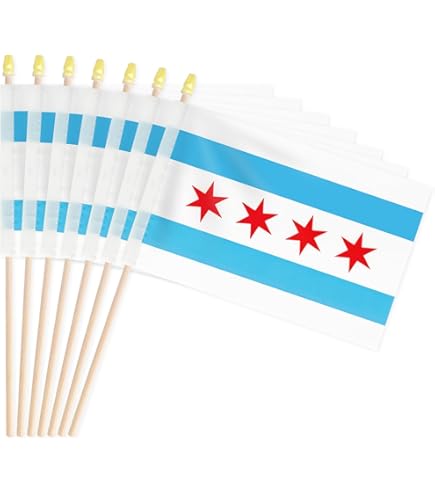 ZXvZYT Chicago Flag Banner USA Chicago Desk Flag Set Small Mini Chicago City Office Table Stick Flags With 12" Solid Pole Black Stand Base Decorations (12 Pack