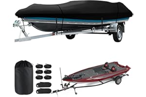 LANLELIN Heavy Duty Bass Boat Cover, 14'1"-17'1" Marine Grade Waterproof Tarp Covers with Adjustable Windproof Tightening Strap & Anti-UV fit for 14ft 15ft 16ft Jon Boat/V-Hull/Runabout/Fishing Boat.