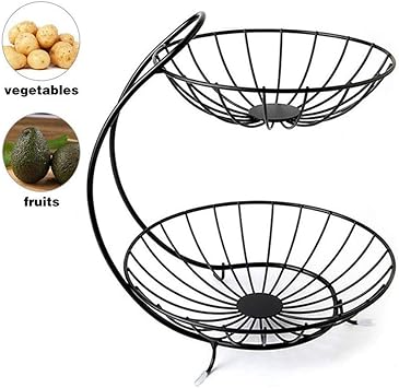 Amazon Co Jp 2層金属カウンターフルーツバスケット 装飾ディスプレイフルーツバスケットフルーツボウル果物や野菜をロードするため リビングルームの装飾 スポーツ アウトドア