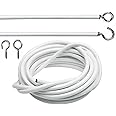 White Wire Hanging Cord with Self-Adhesive Hooks and Eyes for Net Curtain Rods, 4m PVC Curtain String Hanging Rope