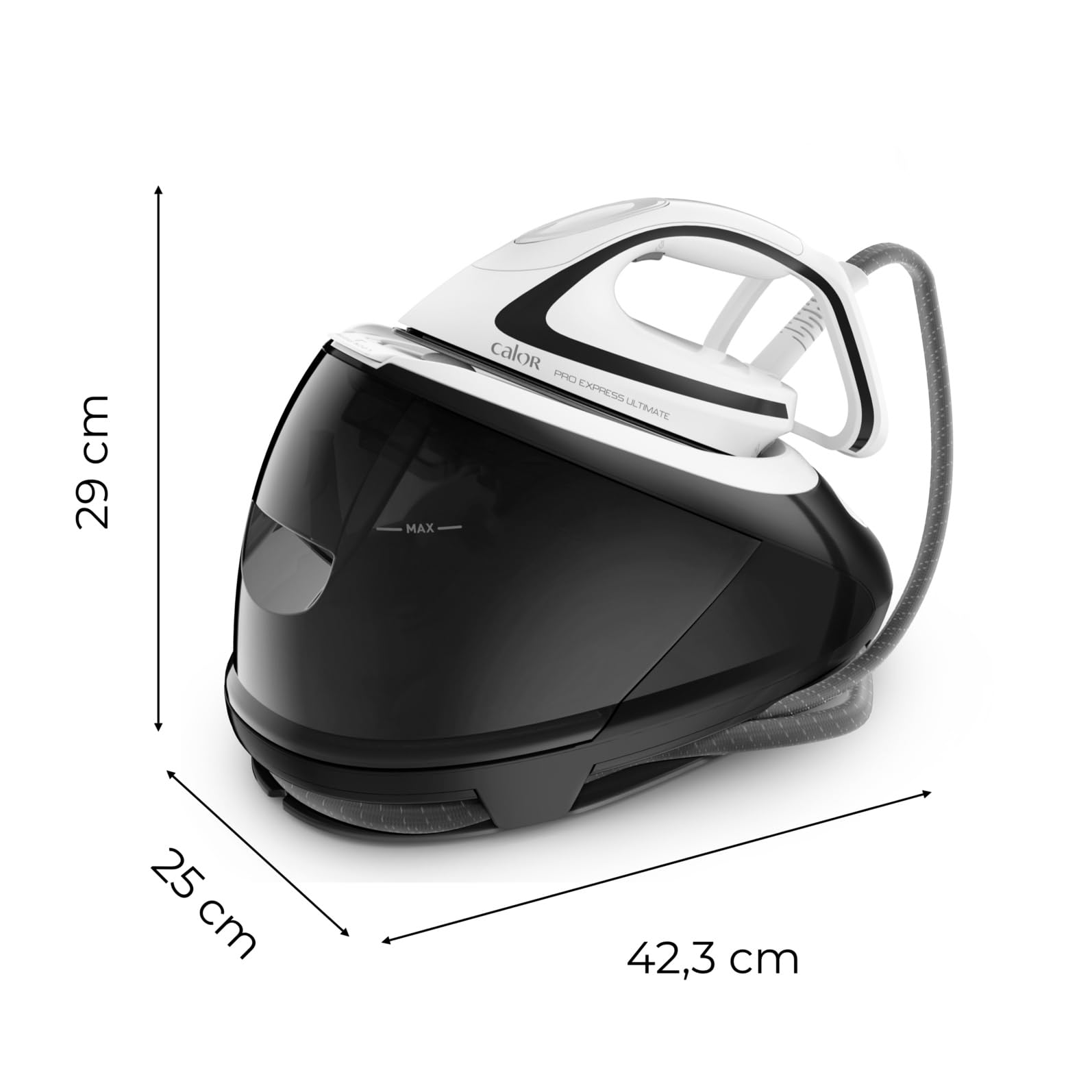 Tefal Pro Express Ultimate Dampfbügelstation, starker 8-Bar-Druck, Dampfstoß: 520 g/Min., 1,9 L Wassertank, Antikalk-Kollektor, Anti-Tropf-System, Bügeleisen Dampfstation, schwarz/weiß, GV9550 7