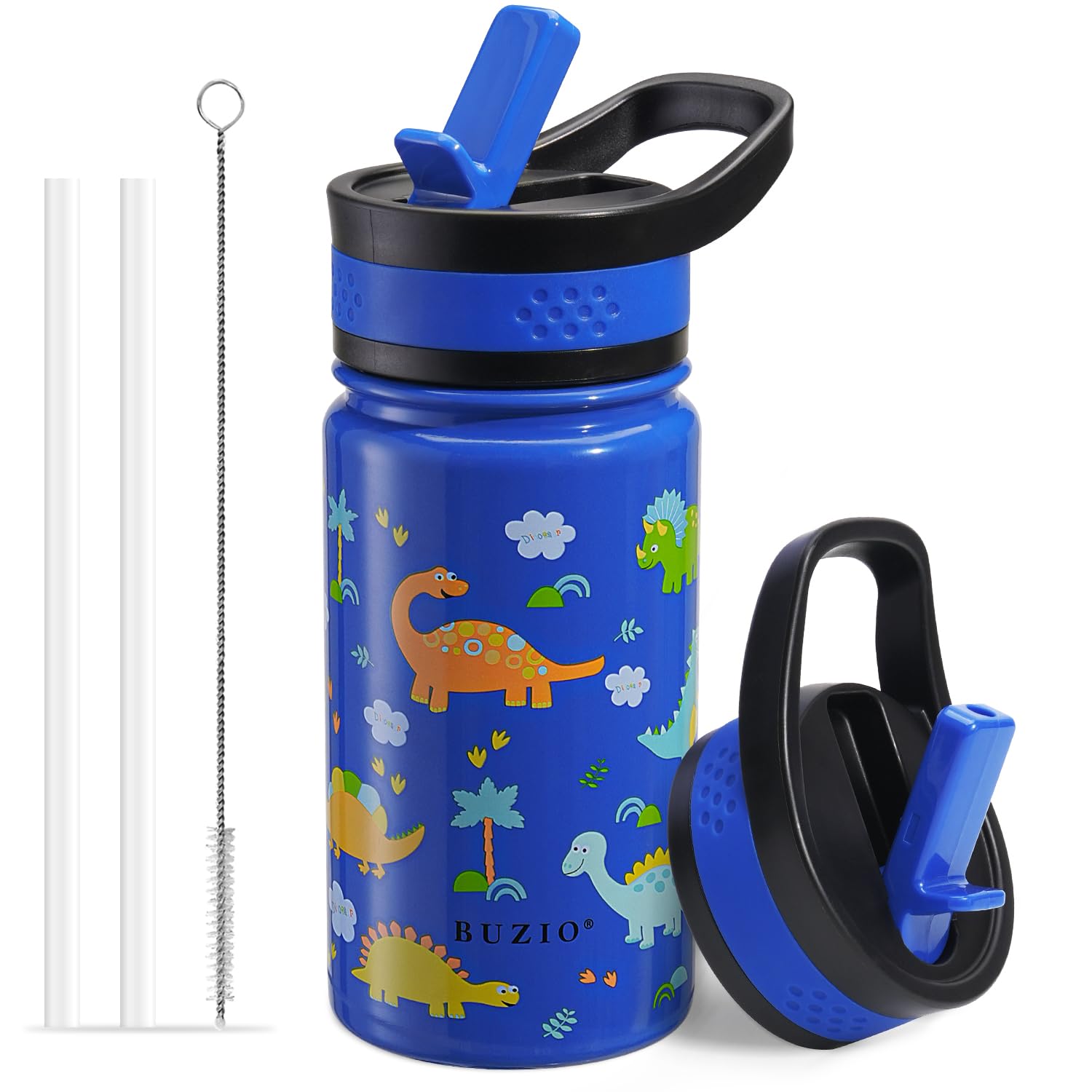 BUZIO Insulated Water Bottle for Kids, Toddler Water Bottle Insulated Modern Vacuum with 2 Straw Lids, 400ml Double Walled Wide Mouth Sports Drink Flask with Blue Dinosaur Park