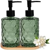 12oz Green Glass Hand and Dish Soap Dispenser Set, Diamond Design, Set of 2 | Bathroom Soap Dispenser with Plastic Pumps, Bamboo Tray for Hand Wash &amp; Dish Wash, for Bathroom Kitchen Countertop