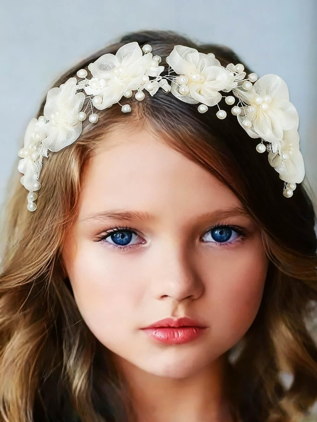 IYOU Flower Girl Wedding Headband Ivory Floral Headpiece Pearl Princess Hair Piece Holy Communion Hair Accessories for Girls