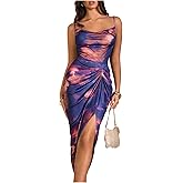 WDIRARA Women's Tie Dye Sleeveless Bodycon Midi Dress Cowl Neck Ruched Split Cami Dresses