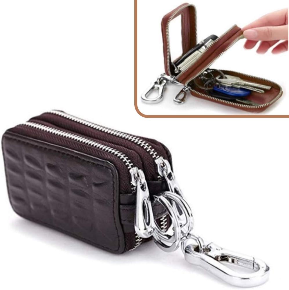 Xzyppci Genuine Leather Car Key Bag with Zipper Double for Auto Remote Key (Coffee)
