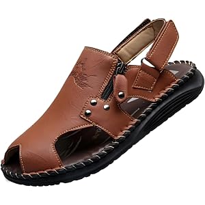 URFUN Men's Leather Walking Sandals Adjustable Casual Summer Shoes for Beach Travel Outdoor