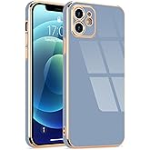 Lafunda Designed for iPhone 12 Case, Cute Luxury Plating for Women Girls Classy Electroplated Golden Edge Shockproof TPU Bumper Cover Silicone Camera Protective Phone Case for iPhone 12 Blue Grey
