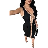 WDIRARA Women's V Neck Knot Front Bodycon Midi Dress Button Front Sleeveless Tank Dresses