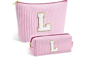 SEFORICO Initial Makeup Bag - Cosmetic Bag Pink Make Up Bags Travel Toiletry Organizer Monogram Cute Makeup Bag for Girls Bir
