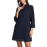 D-Sun Women's Eyelet Long Sleeve Mini Dress Fall Hollow Out Stand Collar V Neck Casual Party Short Dresses