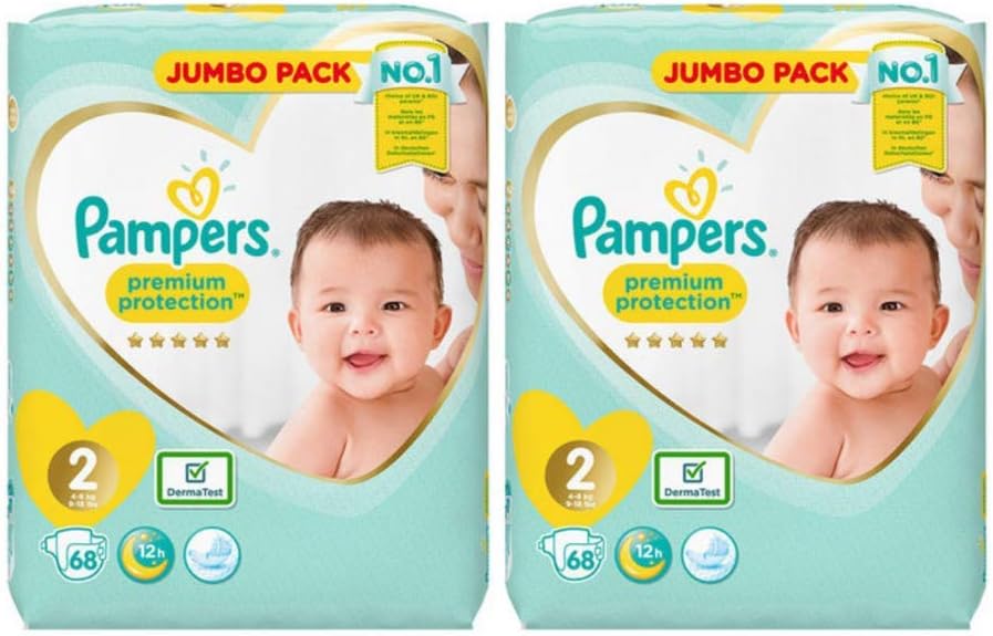Pampers Size 2 Premium Protection Jumbo Plus Value Pack 2 Packs 68 = 136 Nappies Silky Softness Best Protection for New Baby Complete with eBook Baby Toddler Tips by Aetn
