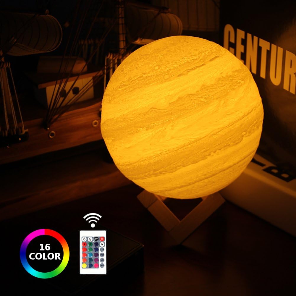 3D Mood Lamp 6inch/15CM Led Night Light 16 Colors & Remote Controller Desk Luna Lights Dimmable Brightness with Stand and USB Charging Moonlight Gift Ideal for Bedroom Living Room Kids (Jupiter lamp)