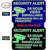 Video Surveillance Sign Glow - No Trespassing Signs - Home & Business Security Stickers Self-Adhesive Decal - Security Alert 0.40 Aluminum - 3 Pack