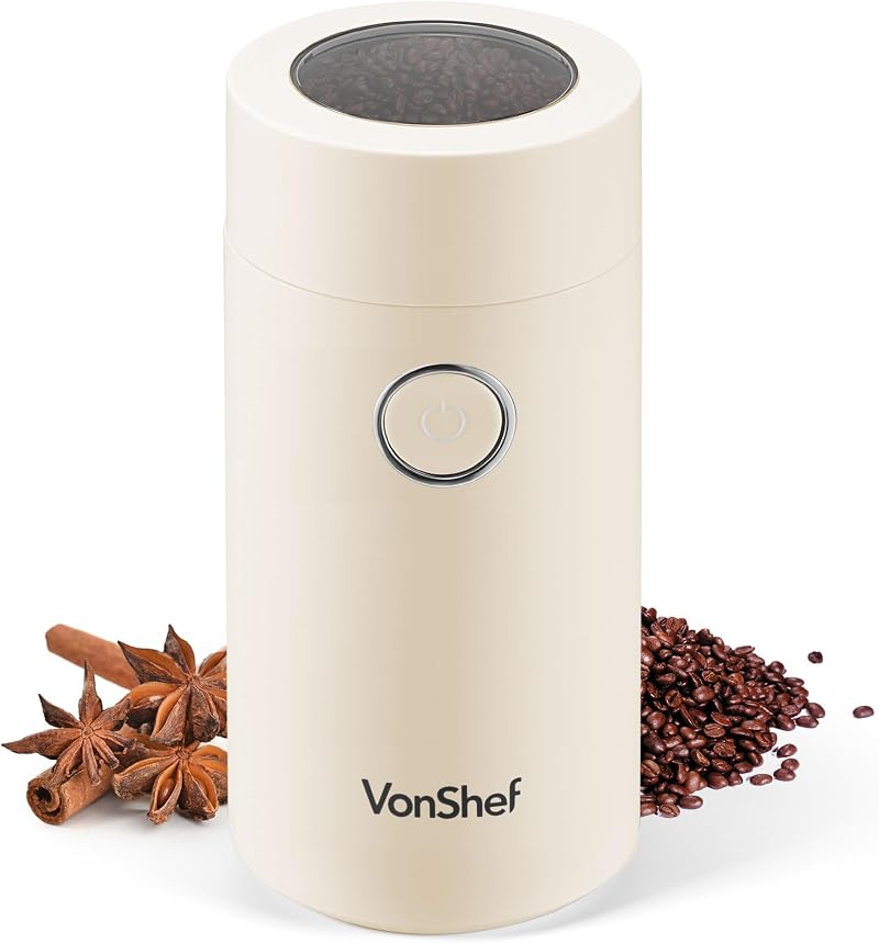 VonShef Electric Coffee Grinder 60g 150W Cream Stainless Steel Blades