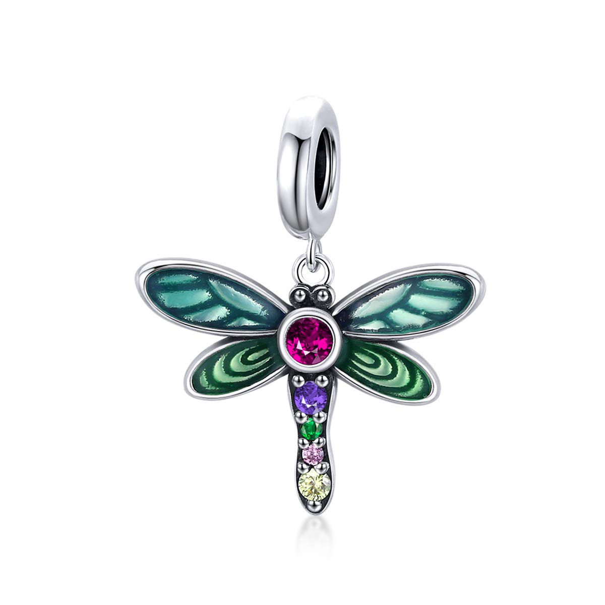 ZiNuo Charm Beads 925 Sterling Silver Bird Colorful Feather Pendant Animal Charms Safety Chain to fit Pandora Bracelet&Necklace (Dragonfly Charms)