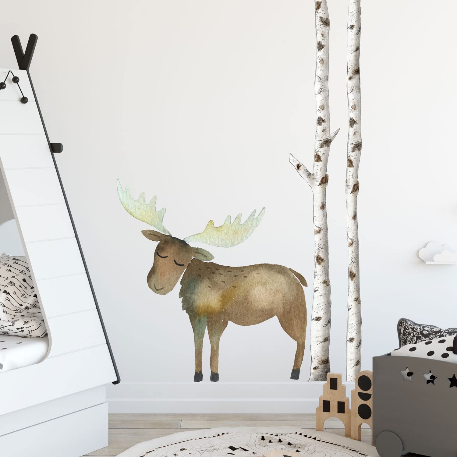 Stickerscape Watercolour Moose and Tree Wall Sticker (Option A) | Woodland Wall Stickers | Perfect for Decorating a Woodland Themed Bedroom or Nursery | Easy to Apply, Cleanly Removable