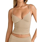 PINKMSTYLE Women's Sexy V Neck Ruched Cami Top Sleeveless Spaghetti Double Layer Fitted Crop Tank Tops