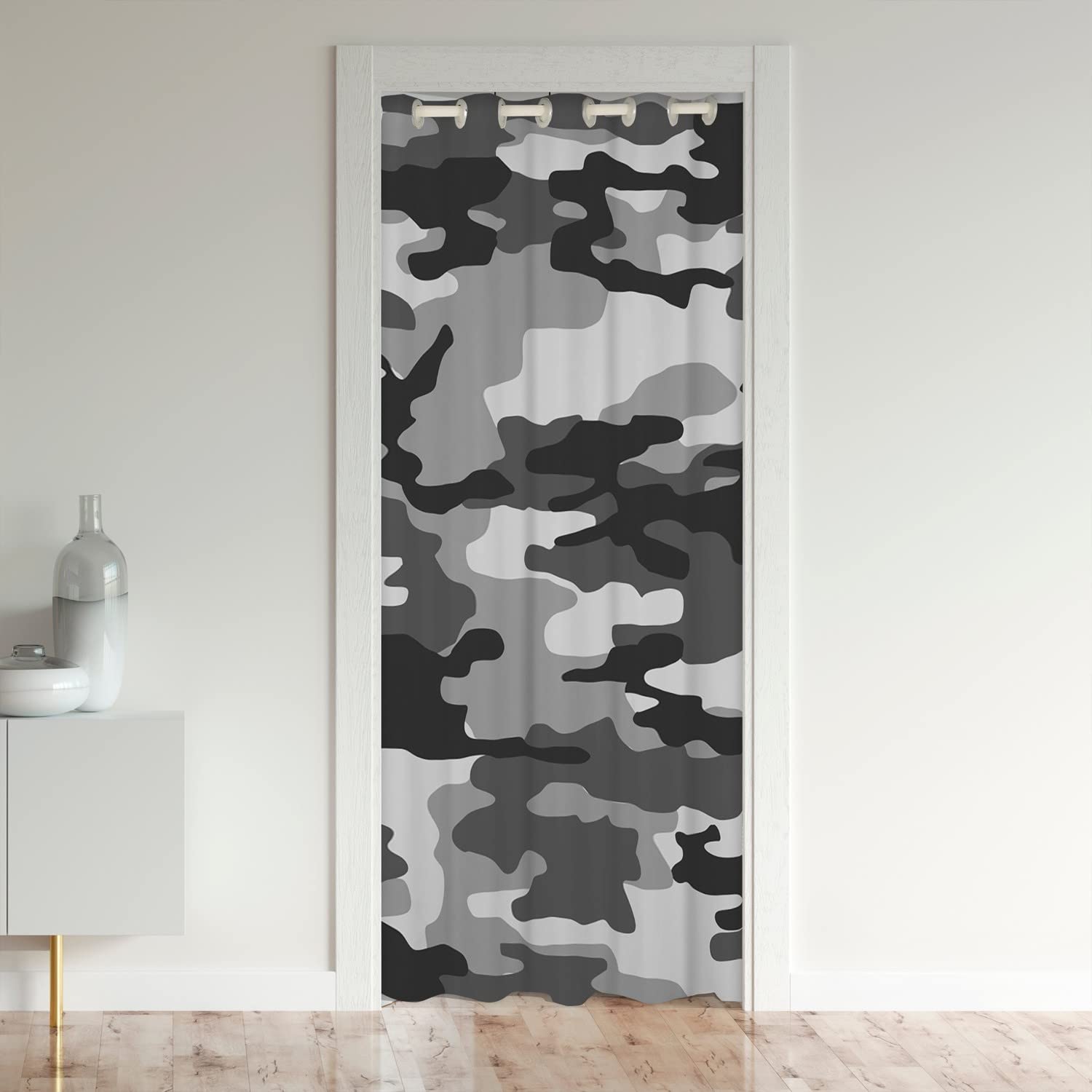 Loussiesd Camouflage Door Curtain for Doorway Privacy 106x203cm Camo Closet Door Cover Curtain Military Style Room Curtain Black White Room Divider Curtain Cover Grey Camouflage Window Treatments
