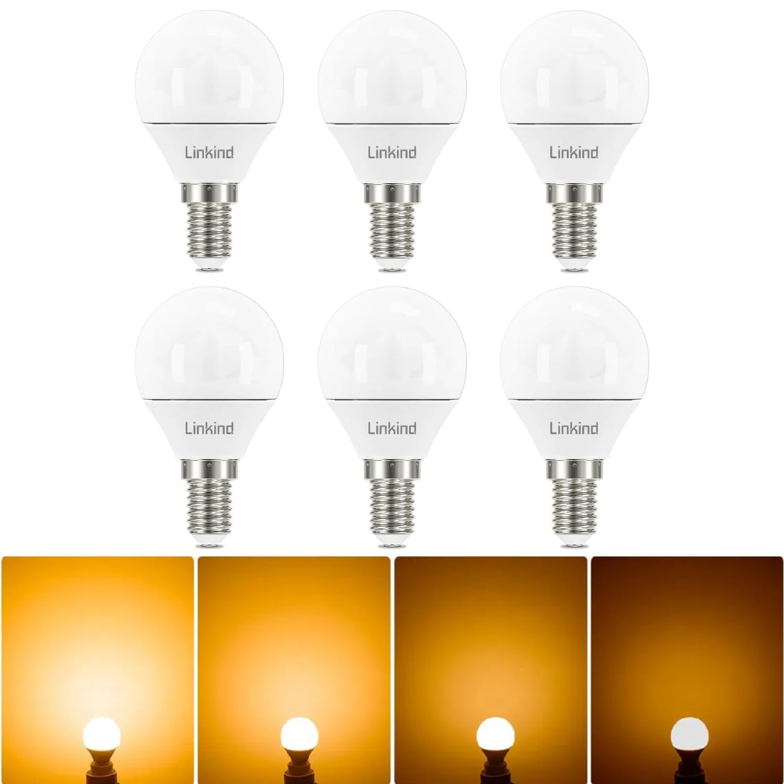 Linkind E14 LED Bulb, Golf Ball P45 Bulb Dimmable, Small Edison Screw (SES), 4.5W (40W Equivalent), 2700K Soft White, CE/RoHS/ErP Certified, Not Suitable for 3-Way Dimmable Lamps, 6-Pack