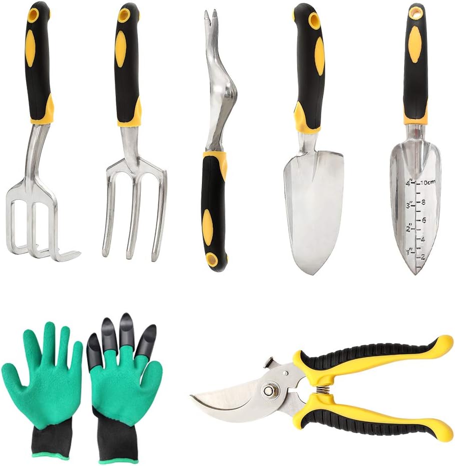 Diamerd Garden Tool Set, 7 Piece Gardening Kit Includes Hand Trowel, Garden Shovel and Cultivator Hand Rake with Soft Rubberized Non-Slip Handle Garden Tools Gifts for Men Women : Garden & Outdoor
