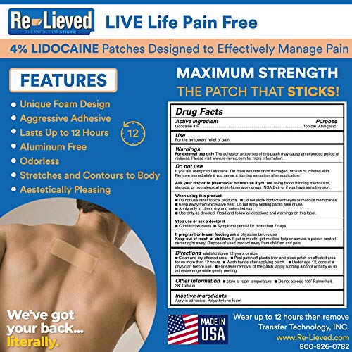 ReLieved 4 Lidocaine Patches Maximum Strength AluminumFree, Water