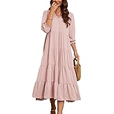 Beautiful Nomad Women's Casual V Neck Boho Dress Puff Sleeve High Waist Floral Smocked Flowy Ruffle Midi Dresses