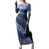 LIGHT DOT Women's Printed Bodycon Maxi Dress Long Sleeve Tie Dye Mesh Ruched Cocktail Dress