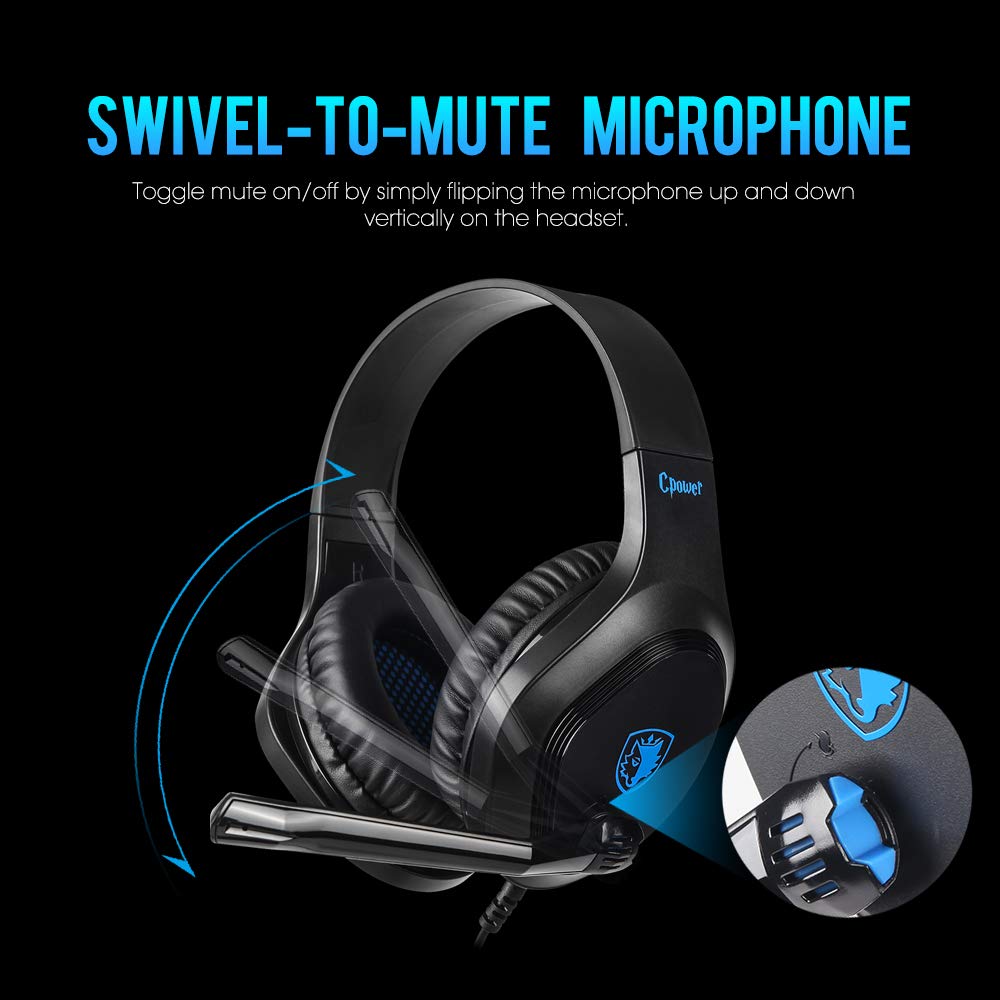 Gaming Headset for PS4 Xbox One, SADES CPOWER 3.5mm Stereo Sound, Swivel to Mute Noise-Cancellation Microphone, Soft Memory Earmuffs, Over Ear Gaming Headphones for PC/Laptop/Mac/Smart Phone/Windows