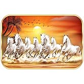 SAF 7 Running Horses at Sunrise Vastu Wall Art - Sparkle Glossy Round Golden Framed Large Painting for Office, Living Room, Bedroom, Home Wall Decoration Animals Art (Multicolour)