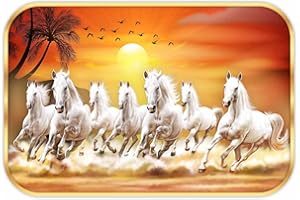 SAF 7 Running Horses at Sunrise Vastu Wall Painting with Frame - Sparkle Glossy Round Golden Framed Large Painting for Office, Living Room, Bedroom, Home Wall Decoration Animals Painting (Multicolour,
