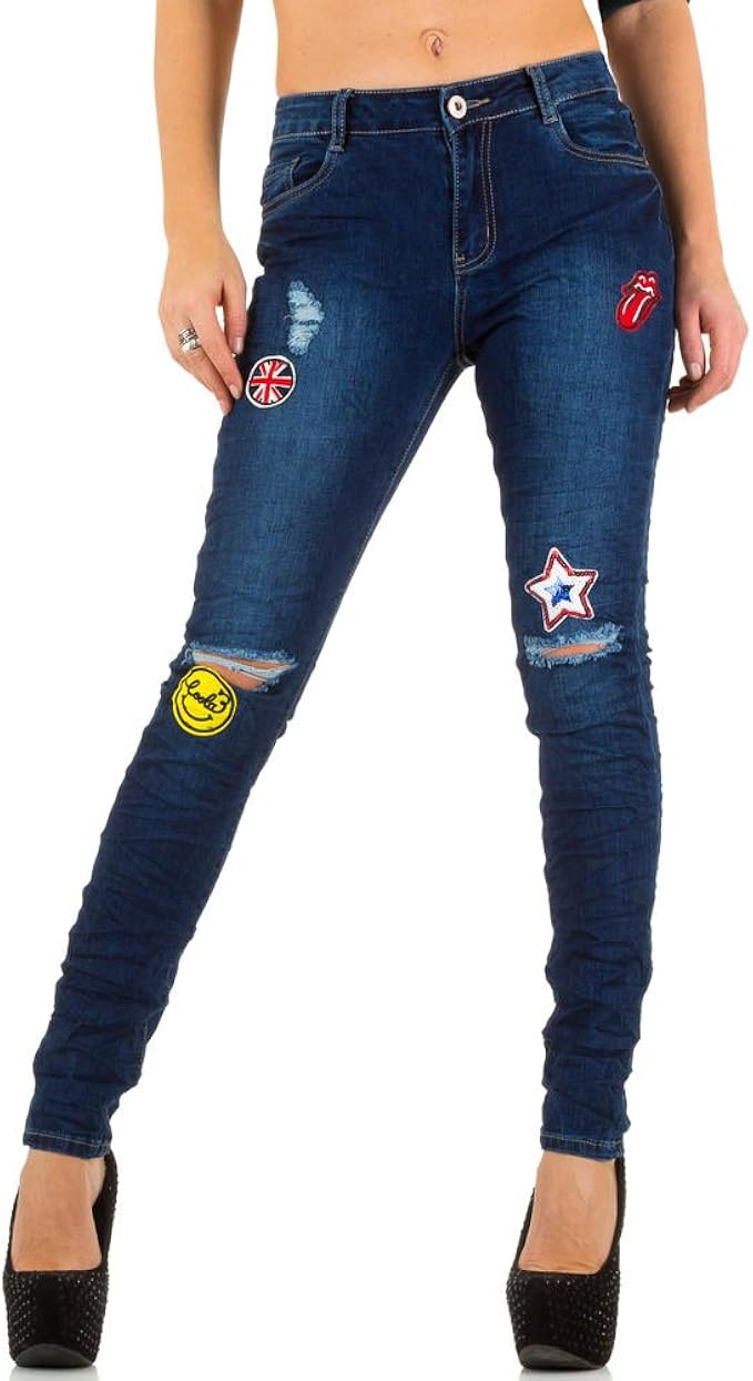 ItalDesign Damen Jeans, Destroyed Applikationen SkinnyJeans, KLK1879, Dunkelblau, XS Amazon