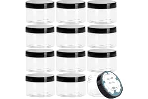 Qeirudu 4 oz Plastic Jars with Lids, 12 Pack Empty Sugar Scrubs Containers with Lids and Labels, Clear BPA Free Round Cosmetic Containers for Body Butter, Lotion, Creams