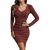 Women's Pullover Sweater Dress Casual Long Sleeve Cute Ribbed Knit V Neck Bodycon Mini Sweaters Dresses-Red-M