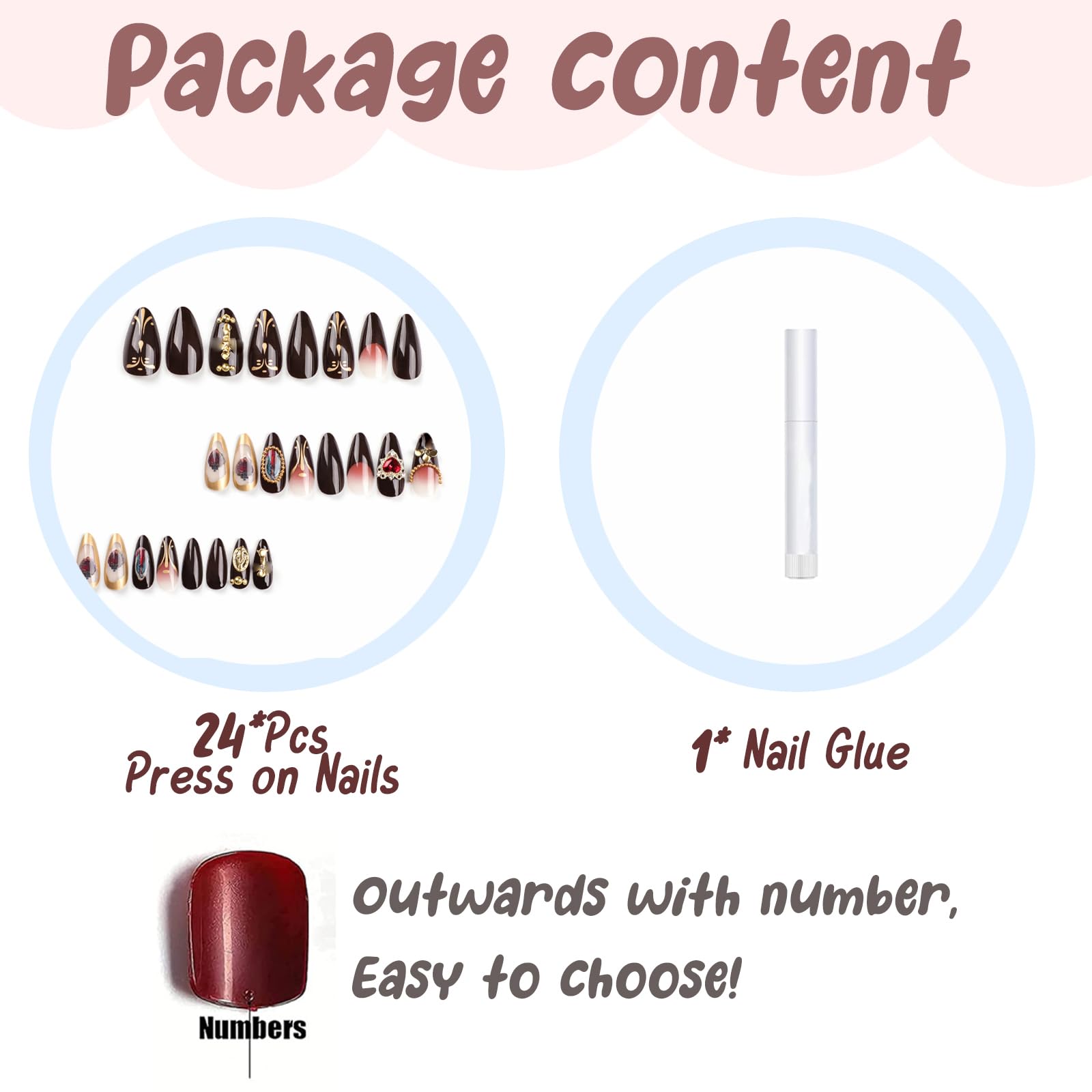 BABALAL Almond Press on Nails Medium Fake Nails Brown Fall Glue on Nails Golden Chrome Baroque Art Acrylic Nails 3d Heart Charm Metallic Ball Design Stiletto Manicure Stick on False Nails - Image 7