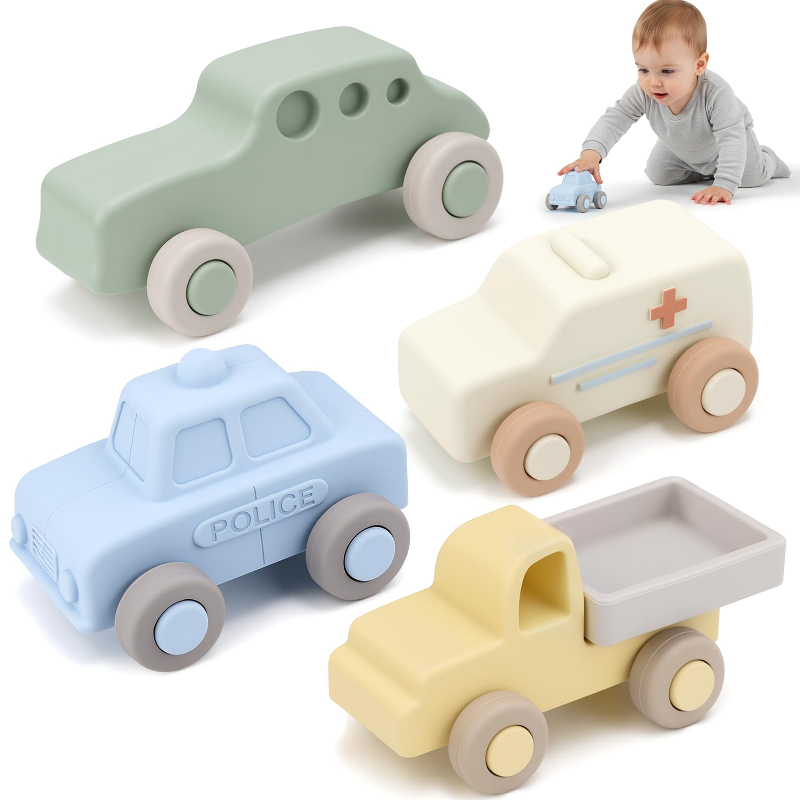Vanplay Toy Cars Silicone Soft Play Vehicles, Teething Toys for 1 Year Old Boys Girls Montessori Toys for Baby Boy Girls Gifts with Storage Box(4 Pcs)