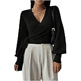 SOLY HUX Women's Long Sleeve V Neck Wrap Belted Sweater Elegant Office Knitted Crop Tops Fall Outfits