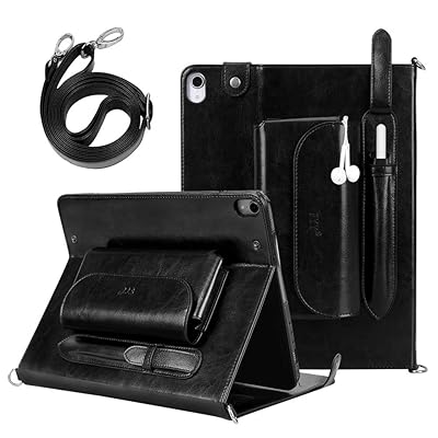 FYY New Apple iPad Pro 11 inch 2018 Case [Support Apple Pencile Charging] Luxury Genuine Leather Case, Handmade Case Protective Cover Travel Sleeve Bag with Shoulder Strap and Auto Sleep-Wake Black