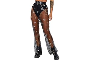 ZGMYC Women Rave Sheer Mesh Shiny Pants Flared High Waist Bell Bottom Pants for Party Dance Festival