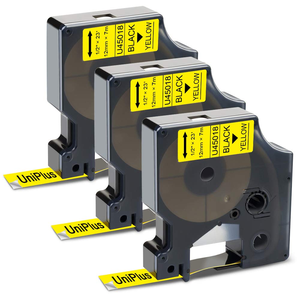 UniPlus 3X Compatible D1 12mm Label Tape Replacement for D1 45018 S0720580 Labeling Tape D1 Black on Yellow, Work with LabelManager 160 210D 360D 420P LabelWriter 450 Duo Label Maker