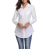 Fuinloth Women's Chambray Button Down Shirt, Long Sleeve Cotton Blouse, Long Jeans Tunic Top