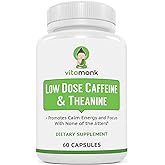 VitaMonk Low Dose Caffeine and Theanine - No Jitters, No Crash- Microdose of Caffeine L Theanine Pills with Caffeine Theanine and Theobromine - 25mg of Caffeine, Caffeine Pills L Theanine - 60 Caps