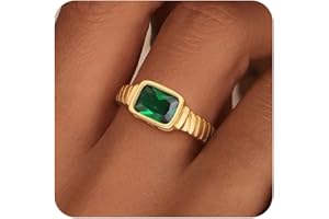 ZHESHY Birthstone Gold Rings for Women Non Tarnish Vintage Chunky Gemstone Emerald Rings 14K Gold Plated CZ Signet Thumb Rings Band Jewelry Gift for Birthday Size 6-11