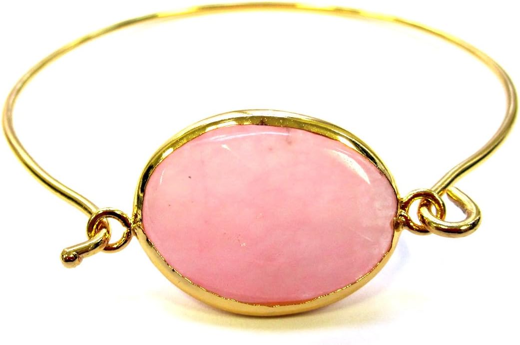 Pink jade embeded pendant bangle bracelet 18k yellow gold plated Size 2.5" by 2" oval 7 3/4" around