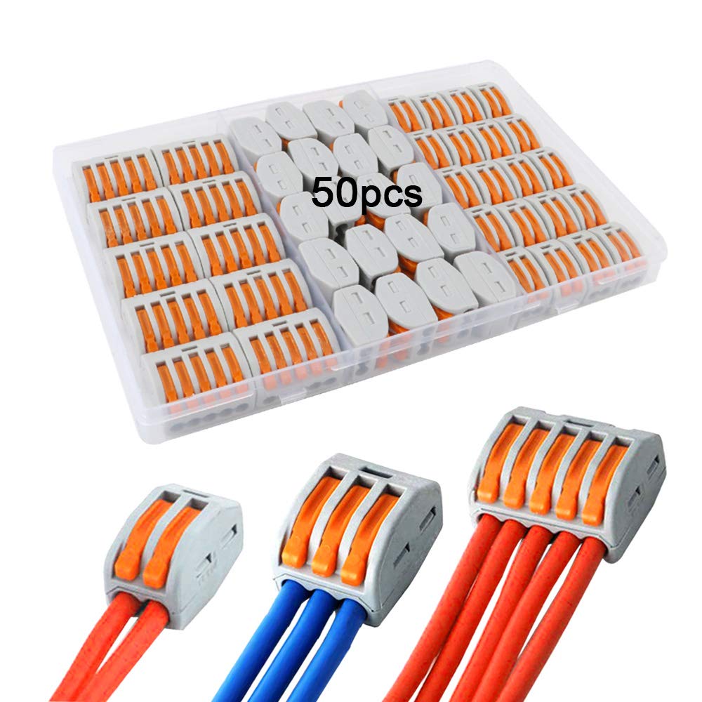 QitinDasen 50Pcs Premium Lever-Nut Wire Connectors, Conductor Compact Wire Connector, Quick Compact Splice Wire Conductor Cable Clamp Terminal Block Spring Connector (PCT-212/213/215)