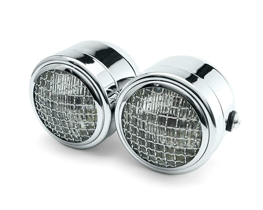 Alchemy Parts Retro Streetfighter Motorcycle Headlights | Motorbike Double Headlight Twin Dual Halogen 35W | Custom Dominator Warrior Bandit Trike (Chrome with Grill)