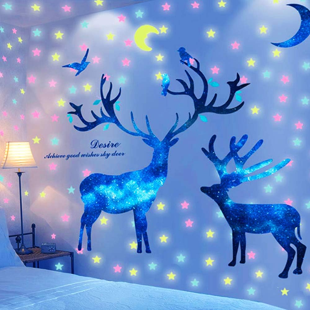 Creative Starry Sky Deer Wall Decal, AUHOKY Glow in The Dark Moon& Stars Wall Stickers, Removable Galaxy Deer Adhesive Mural Wallpaper for Kids Teen Bedroom Nursery